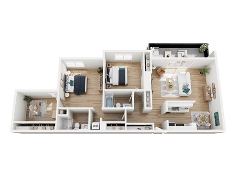A floor plan of a small apartment with a kitchen, living room, and bathroom.